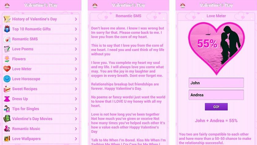 Screenshots of the Valentines Day Special App containing Valentine Messages