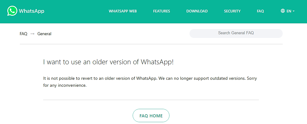 WhatsApp does not want you to downgrade your app