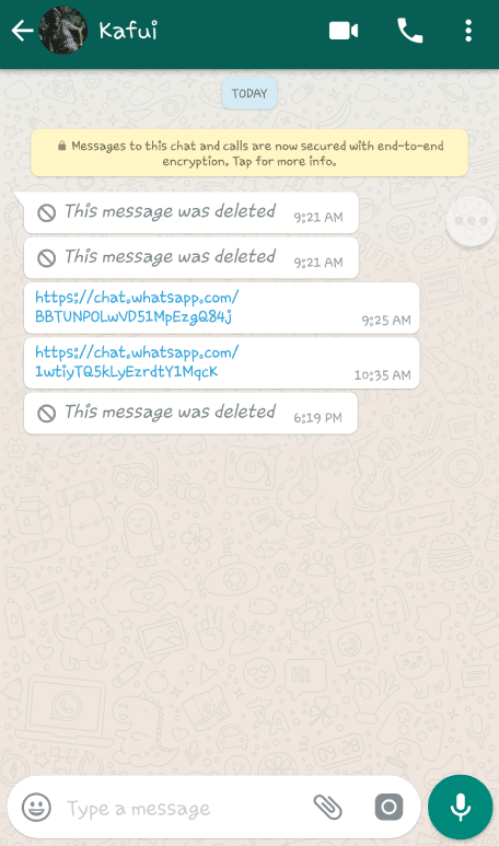 A demonstration of the WhatsApp "Delete for Everyone" feature