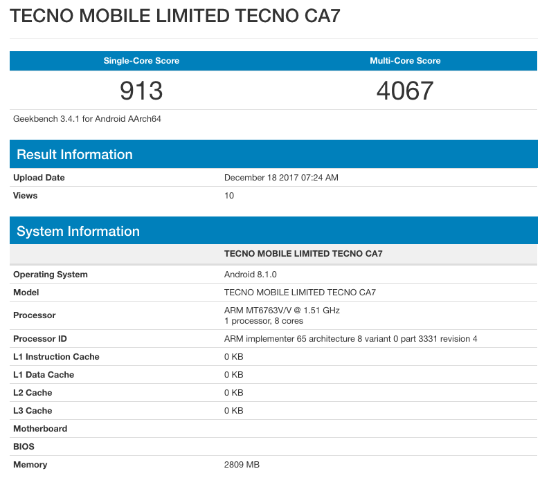 Leaked specs of the Tecno CA7 as seen on Geekbench.